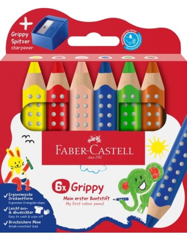 Faber-Castell Grippy Pack con 6 Lapices de Colores Gruesos Mina XXL Suave-Sacapuntas - Forma Triangular con Grip - Colores