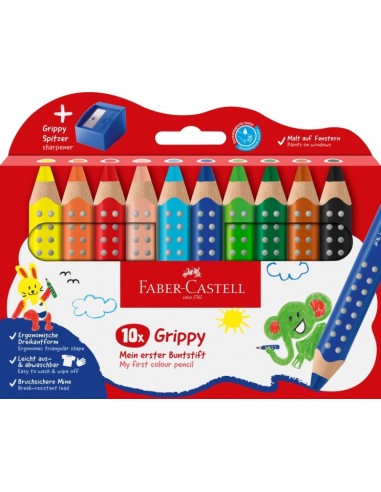 Faber-Castell Grippy Pack con 10 Lapices de Colores Gruesos Mina XXL Suave-Sacapuntas - Forma Triangular con Grip - Colores