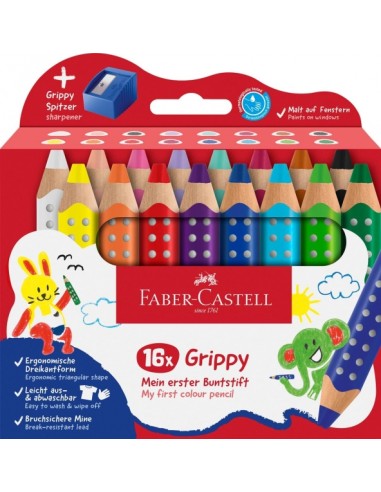 Faber-Castell Grippy Pack con 16 Lapices de Colores Gruesos Mina XXL Suave-Sacapuntas - Forma Triangular con Grip - Colores