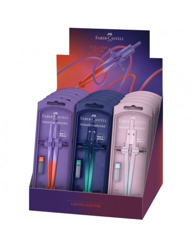 Faber-Castell Stream 2026 Flow Edition Expositor con 15 Compases Escolares de Ajuste Rapido - Circunferencias de hasta Ã