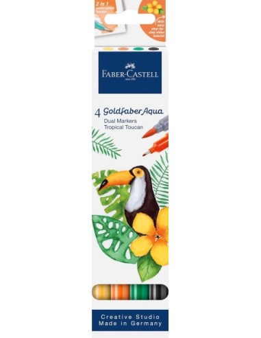 Faber-Castell Tropical Escapes Pack con 4 Rotuladores Goldfaber Doble Punta - Punta Pincel y Punta Fina 0.6mm- Solubles en