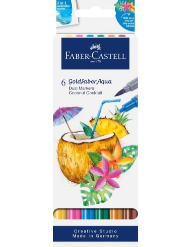 Faber-Castell Tropical Escapes Pack con 6 Rotuladores Goldfaber Doble Punta - Punta Pincel y Punta Fina 0.6mm- Solubles en