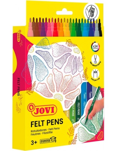 Jovi Felt Pens Estuche de 24 Rotuladores - Punta de 2mm - Amplia Variedad de Tonos - Tinta de Gran Fijacion - Capuchon de