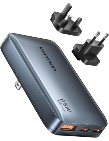 Vention Cargador de Pared - Ultra Slim - 65W - GaN - Enchufes EU y UK Intercambiables - 2xUSB-C - USB-A - Carga Rapida -