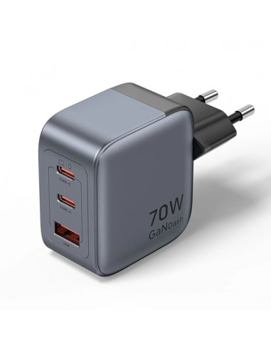 Vention Cargador de Pared - 70W - GaN - 2xUSB-C - USB-A - Carga Rapida - Tecnologia PPS - Color Gris