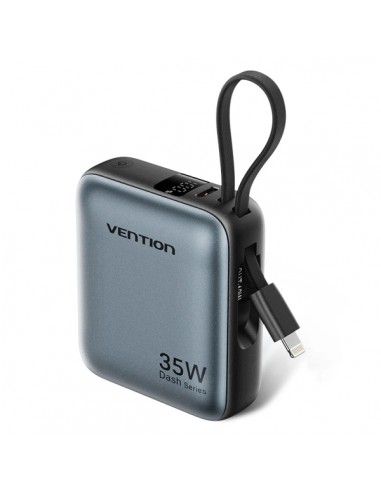 Vention Mini Powerbank de 10000mAh - Potencia de Salida hasta 35W - Cable USB-C y Lightning Integrado - Pantalla Digital -
