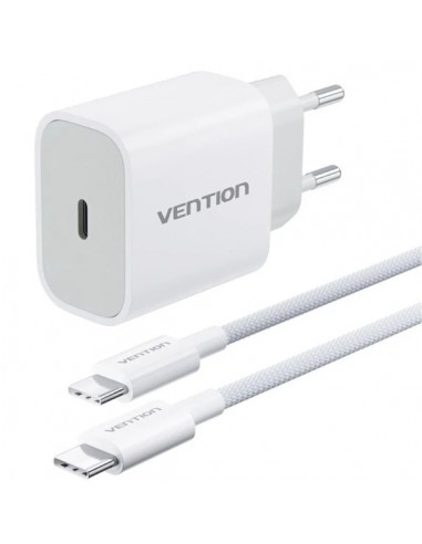 Vention Cargador de Pared - 20W - Cable de 1m Incluido - Chaqueta Trenzada de Algodon y TPE - USB-C - Carga Rapida - Color