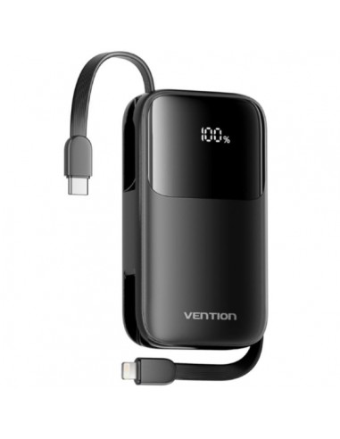 Vention Powerbank de 10000mAh - Potencia de Salida hasta 22.5W - Cable USB-C y Lightning Integrado - USB-A - Pantalla LED -
