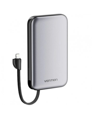 Vention Powerbank de 10000mAh - Potencia de Salida hasta 20W - Cable Lightning Integrado - USB-A - USB-C - Color Gris