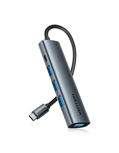Vention Hub USB 5 en 1 - Cable USB-C de 15cm - 4xUSB-A - USB-C - Indicador LED - Velocidad hasta 5Gbps - Color Gris