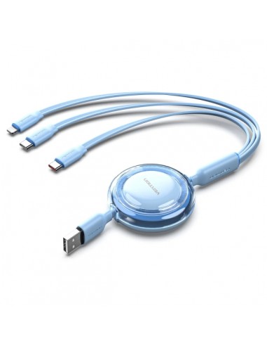 Vention Cable USB Multiple - Longitud Ajustable hasta 1.1m - Retractil - USB-A - 2xUSB-C - Lightning - Velocidad hasta