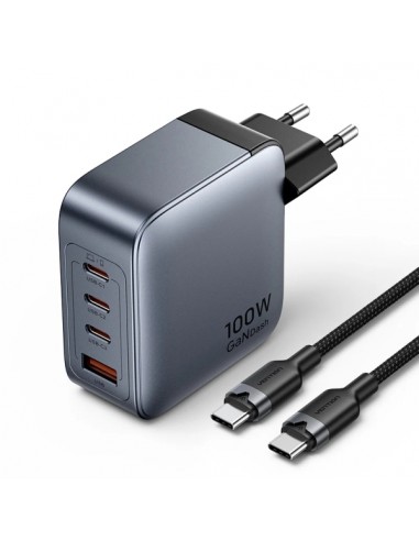 Vention Cargador de Pared - 100W - GaN - Cable de 1m Incluido - 3xUSB-C - USB-A - Carga Rapida - Color Gris