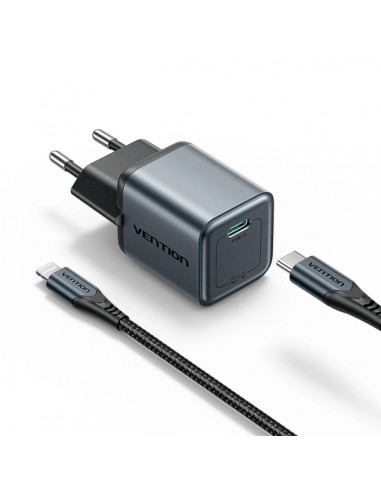 Vention Cargador de Pared - 20W - GaN - Cable USB a Lightning de 1m - USB-C - Power Delivery 3.0 - Qualcomm 3.0 - Carga