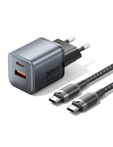 Vention Cargador de Pared - 30W - GaN - Cable de 1m Incluido - USB-C - USB-A - Power Delivery 3.0 - Qualcomm 3.0 - Carga