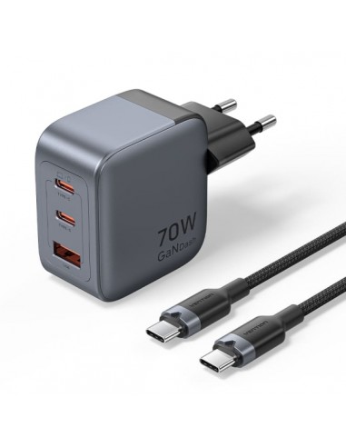 Vention Cargador de Pared - 70W - GaN - Cable de 1m Incluido - 2xUSB-C - USB-A - Carga Rapida PD - Tecnologia PPS - Color Gris