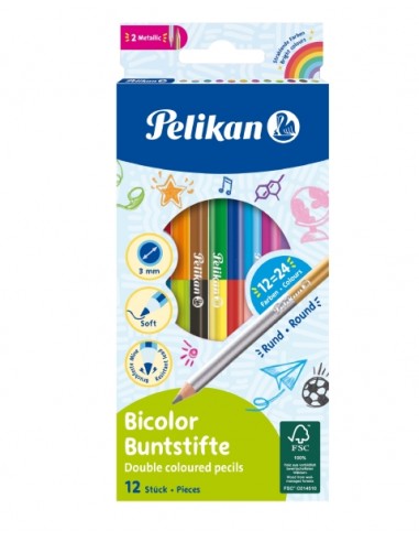Pelikan Pack de 12 Lapices Bicolor - Redondos - Mina Antirotura de 2.9mm - Lavables - Colores Surtidos