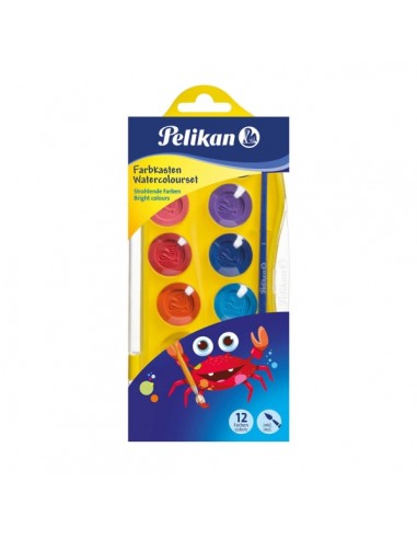 Pelikan Junior Pack de 12 Acuarelas - Incluye 1 Pincel - Facil de Diluir y Mezclar - No Toxicas - Lavable - Colores Surtidos