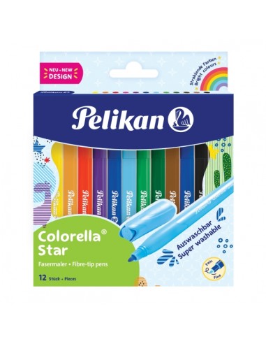 Pelikan Colorella Star Pack de 12 Rotuladores de Colores - Punta Fina - Tinta Lavable - Agarre Ergonomico - Colores vivos