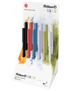 Pelikan Ineo Expositor con 12 Boligrafos Retractiles - Trazo de 1mm - Mecanismo de Giro - Recambio 337M Azul - Aluminio