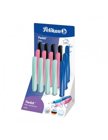 Pelikan Twist Expositor con 15 Plumas Estilograficas - Punta M - Uso Ambidiestro - Incluye Cartucho de Tinta - Colores