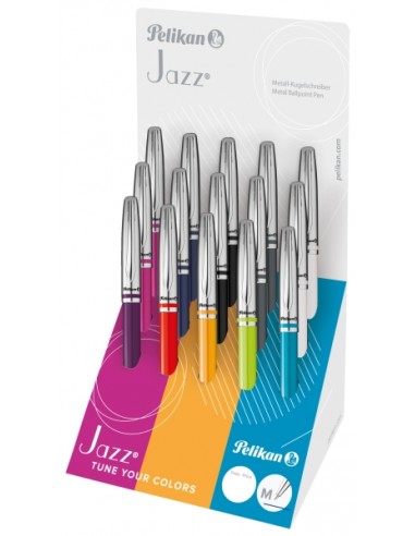 Pelikan Jazz Classic Expositor con 15 Boligrafos Retractiles - Trazo de 1mm - Mecanismo de Giro - Capuchon y Clip Cromados -