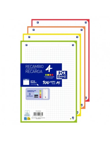 Oxford Recambios de 100 Hojas - Formato A5 - Cuadricula 5x5mm - 4 Taladros - Digitalizacion de Textos con App - Bandas de
