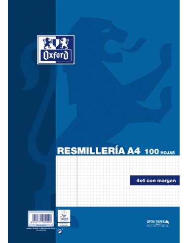 Oxford Resmilleria de 100 Hojas - Formato A4 - Cuadricula 4x4mm con Margen - Tapa Blanda - sin Taladros - Color Azul