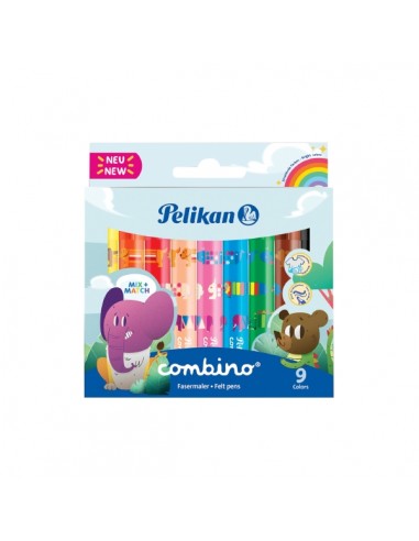 Pelikan Combino Jumbo Pack de 9 Rotuladores de Colores - Lavables - No Toxicos - 2 Anchos de Trazo - Punta de Fibra - Colores