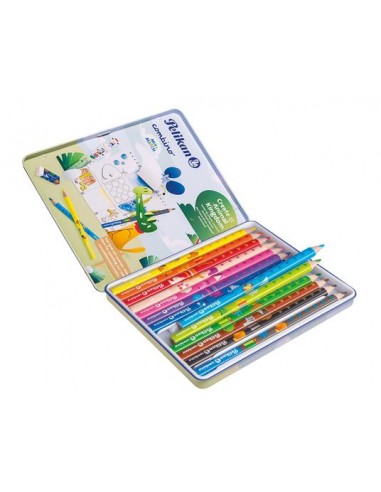 Pelikan Pack de 12 Lapices de Colores Jumbo - Caja de Metal - Triangulares - Cuerpo Decorado - Lavables - No Toxico - Colores