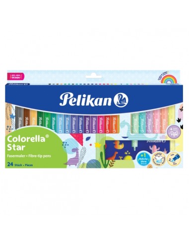 Pelikan Colorella Star Pack de 24 Rotuladores de Colores - Punta Fina - Lavables - No Toxicos - Colores Fluorescentes y