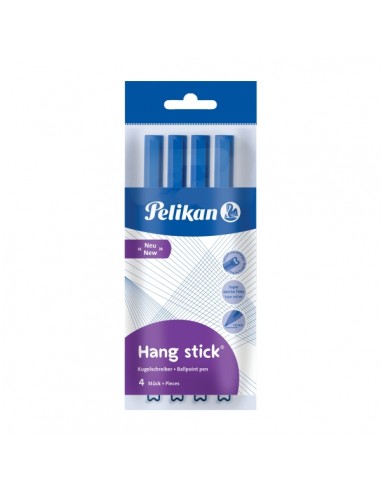 Pelikan Hang Stick Pack de 4 Boligrafos de Bola - Trazo de 1mm - Capuchon Antiasfixia - Cuerpo Triangular Ergonomico - Gancho