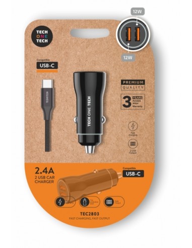 TechOneTech Cargador Doble de Coche-Cable USB-A a USB-C - Alto Rendimiento