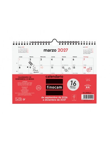 Finocam Neutro Calendario de Pared - 16 Meses - Mes Vista - Formato S - 210x150mm - Espiral Doble Metalica - Papel de 120g m2