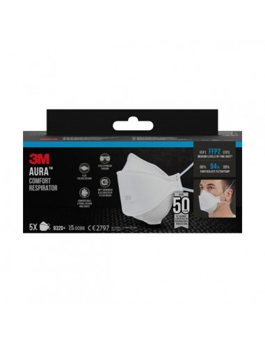 3M Aura Pack de 5 Mascarillas para Particulas FFP2 - Desechable - Sin Valvula - para Niveles Medios de Particulas - Color