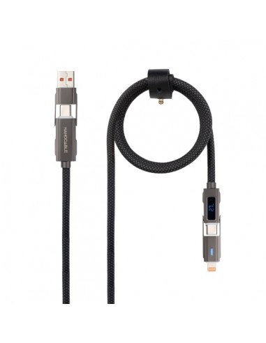 Nanocable Cable USB-C 4 en 1 - Soporta hasta 27W - Longitud 1m - Adaptador USB-A y Lightning Integrado - Pantalla Digital -