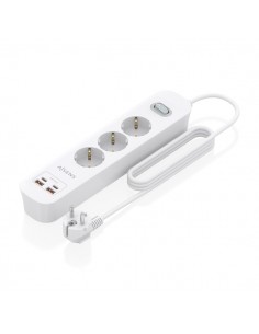 Aisens Regleta con 3 Tomas Schuko - 2xUSB-C - 2xUSB-A - Cable de 1.4m - Interruptor con Indicador LED - Power Delivery 3.0 -
