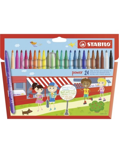 Stabilo Power Pack con 24 Rotuladores de Colores - Punta Media de 2mm - Tinta Lavable - Capuchon Ventilado - Colores Surtidos