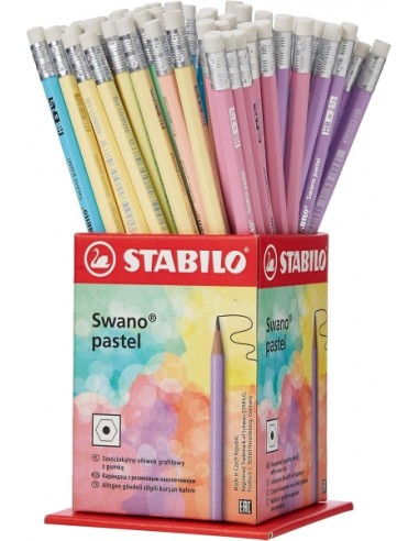 Stabilo Swano Pastel Expositor con 72 Lapices de Grafito HB de 2.2mm con Goma - Mina Antirrotura - Forma Hexagonal - Colores