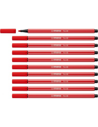 Stabilo Pen 68 Rotulador de Punta de Fibra - Trazo de 1mm aprox. - Tinta con Base de Agua - Color Rojo
