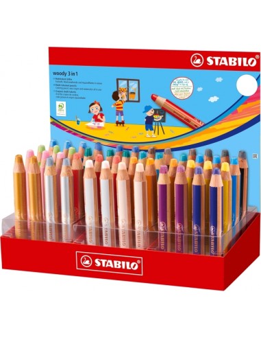 Stabilo Woody 3 en 1 Expositor con 48 Lapices de Colores - Lapiz de Color-Cera y Acuarela-Todo en Uno - Mina XXL 10mm -