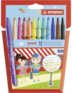 Stabilo Power Pack con 12 Rotuladores de Colores - Punta Media de 2mm - Tinta Lavable - Capuchon Ventilado - Colores Surtidos