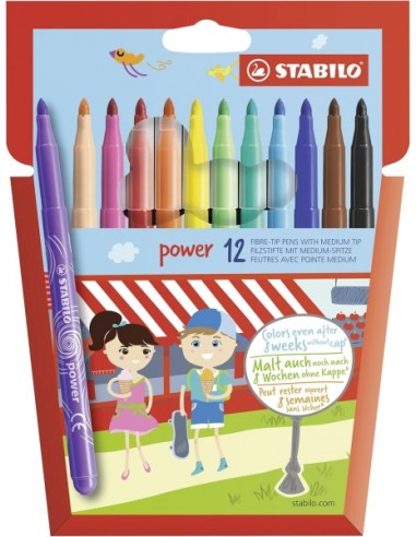 Stabilo Power Pack con 12 Rotuladores de Colores - Punta Media de 2mm - Tinta Lavable - Capuchon Ventilado - Colores Surtidos