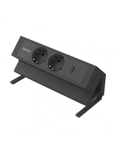 Fellowes Regleta de Sobremesa de 2 Tomas - USB-A - USB-C - Cable 2m - Abrazadera para Escritorios de 10 a 45mm -