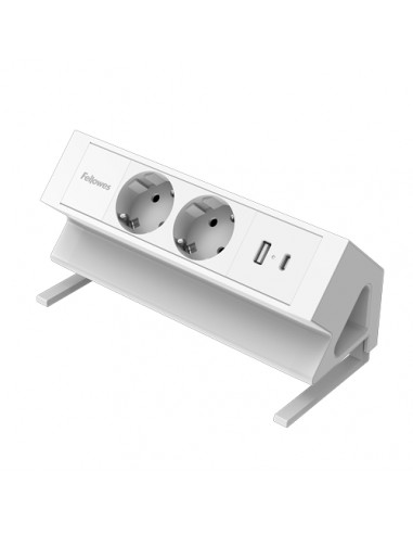 Fellowes Regleta de Sobremesa de 2 Tomas - USB-A - USB-C - Cable 2m - Abrazadera para Escritorios de 10 a 45mm -