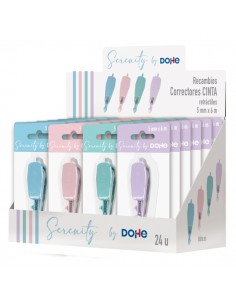 Dohe Serenity Expositor con 24 Recambios de Cinta Correctora - 5mm x 6m - Retractil - Colores Surtidos