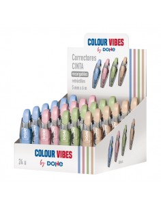 Dohe Colour Vibes Expositor con 24 Recambios de Cinta Correctora - 5mm x 6m - Retractil - Colores Surtidos