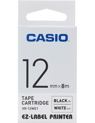 Casio XR-12WE Cinta de Etiquetas Original para Rotuladora - Texto Negro sobre Fondo Blanco - Ancho 12mm x Largo 8m