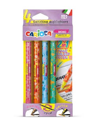 Carioca Memo Switch 2 en 1 Pack con 4 Rotuladores - Una Punta Subraya y la otra Cambia de Color - Colores Surtidos