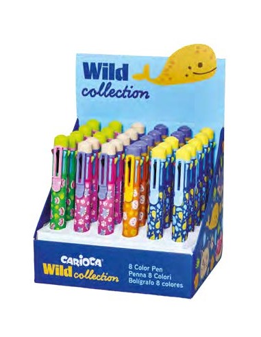 Carioca Wild Collection Expositor con 30 Boligrafos de 8 Colores - Punta 1mm - Divertidos DiseÃ±os de Animales - Clip de