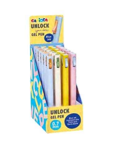 Carioca Unlock Gel Expositor con 24 Boligrafos de Tinta Gel Retractiles - Punta 0.7mm - Mecanismo de Clic Patentado - Tinta